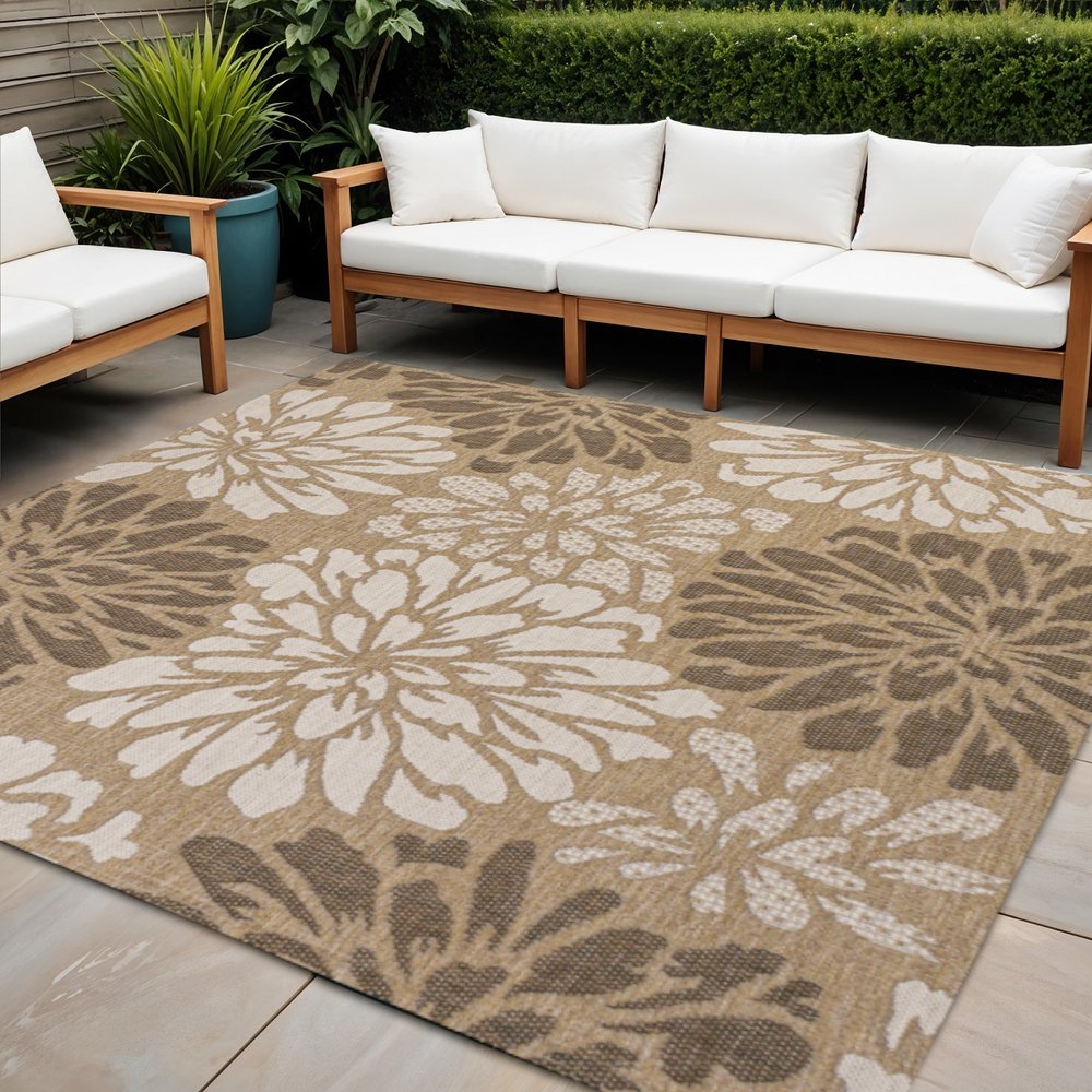 9' Brown And Cream Square Floral Indoor Outdoor Area Rug HomeRoots