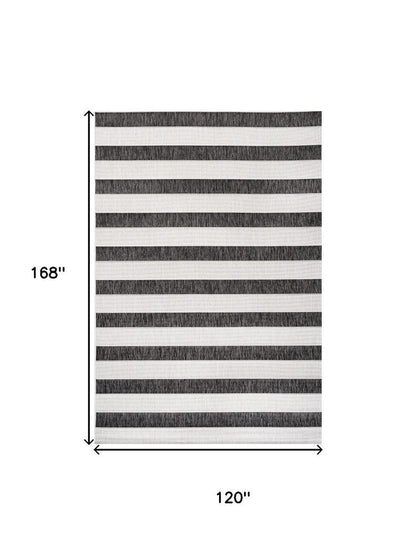 10' X 14' Black And Cream Striped Indoor Outdoor Area Rug