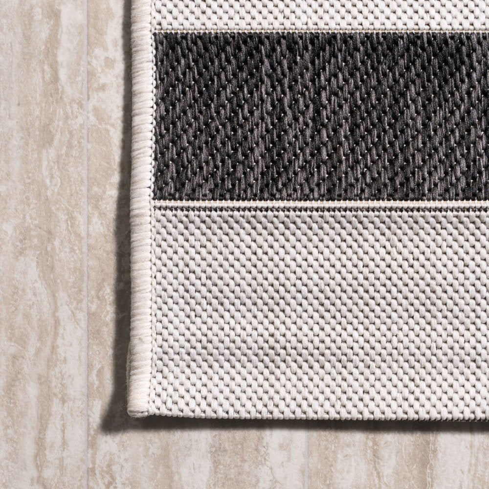 4' Black And Cream Square Striped Indoor Outdoor Area Rug HomeRoots
