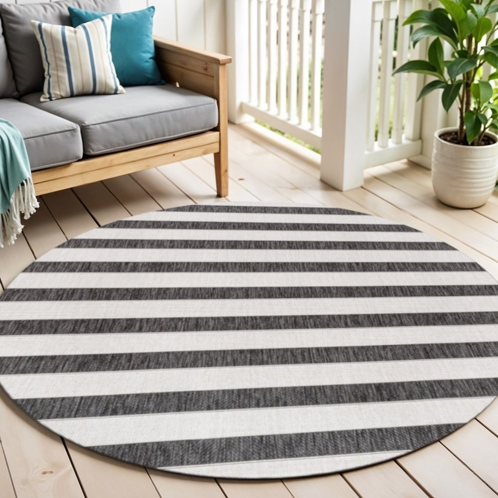 6' Black And Cream Round Striped Indoor Outdoor Area Rug HomeRoots