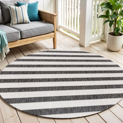 6' Black And Cream Round Striped Indoor Outdoor Area Rug HomeRoots