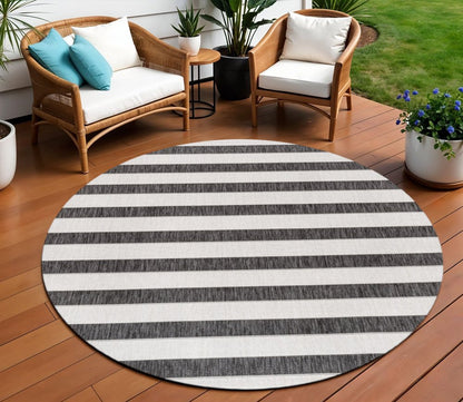 8' Black And Cream Round Striped Indoor Outdoor Area Rug HomeRoots