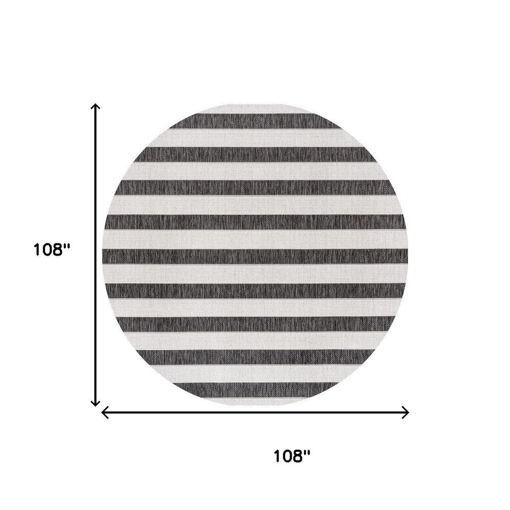 9' Black And Cream Round Striped Indoor Outdoor Area Rug — view 6