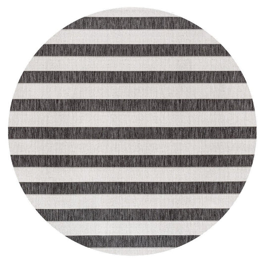 9' Black And Cream Round Striped Indoor Outdoor Area Rug