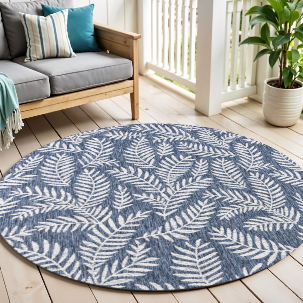 6' Navy Blue And Ivory Round Floral Indoor Outdoor Area Rug — view 8