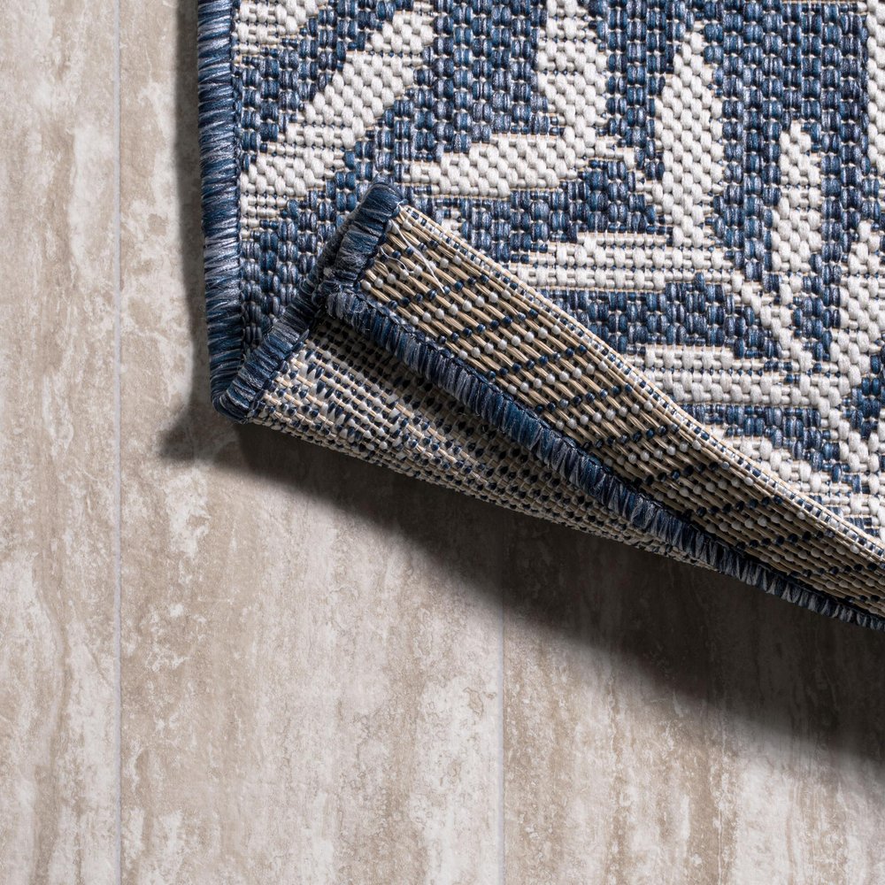 8' Navy Blue And Ivory Square Floral Indoor Outdoor Area Rug