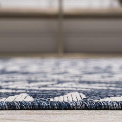 8' Navy Blue And Ivory Square Floral Indoor Outdoor Area Rug