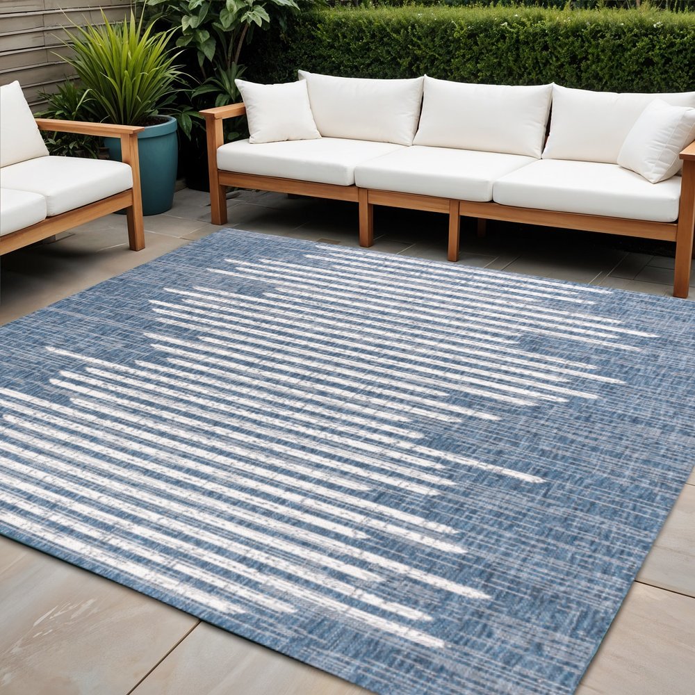 4' Blue And Ivory Square Striped Indoor Outdoor Area Rug HomeRoots