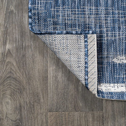5' Blue And Ivory Square Striped Indoor Outdoor Area Rug