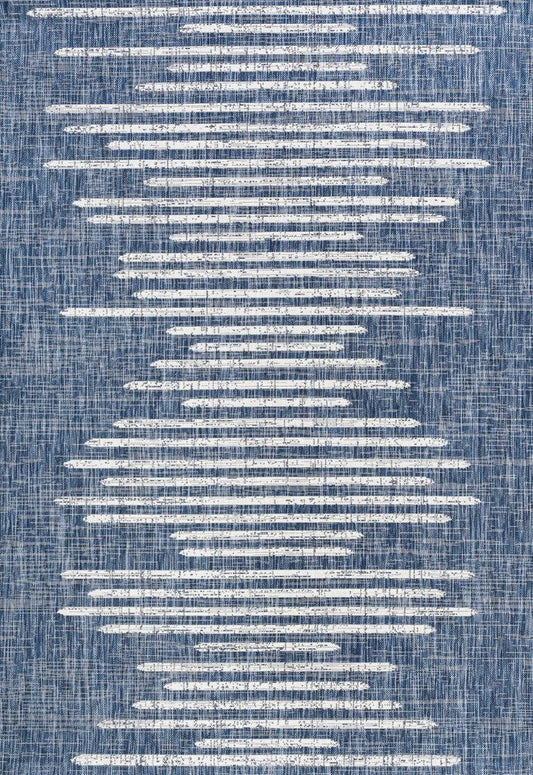 6' X 9' Blue And Ivory Striped Indoor Outdoor Area Rug