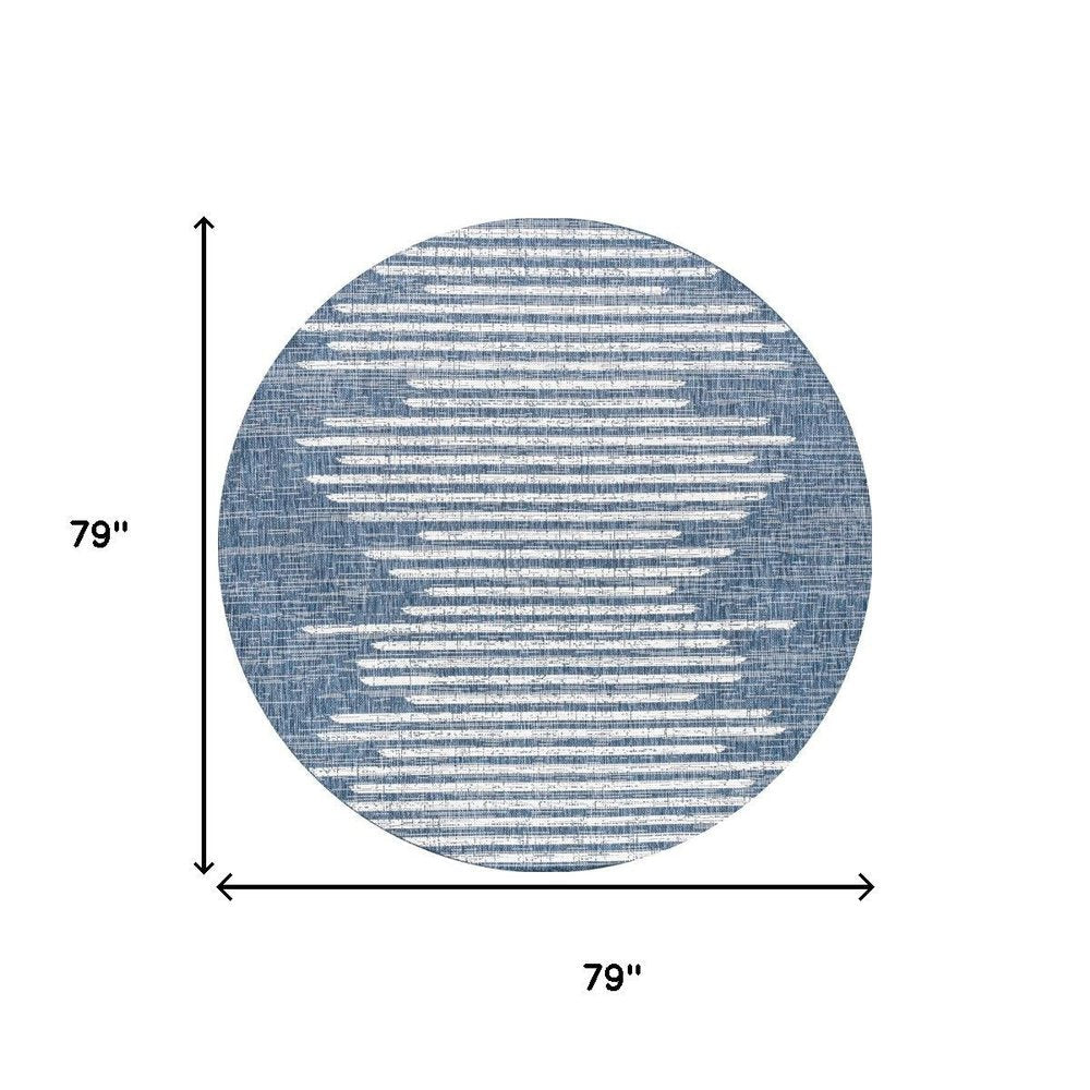6' Blue And Ivory Round Striped Indoor Outdoor Area Rug HomeRoots