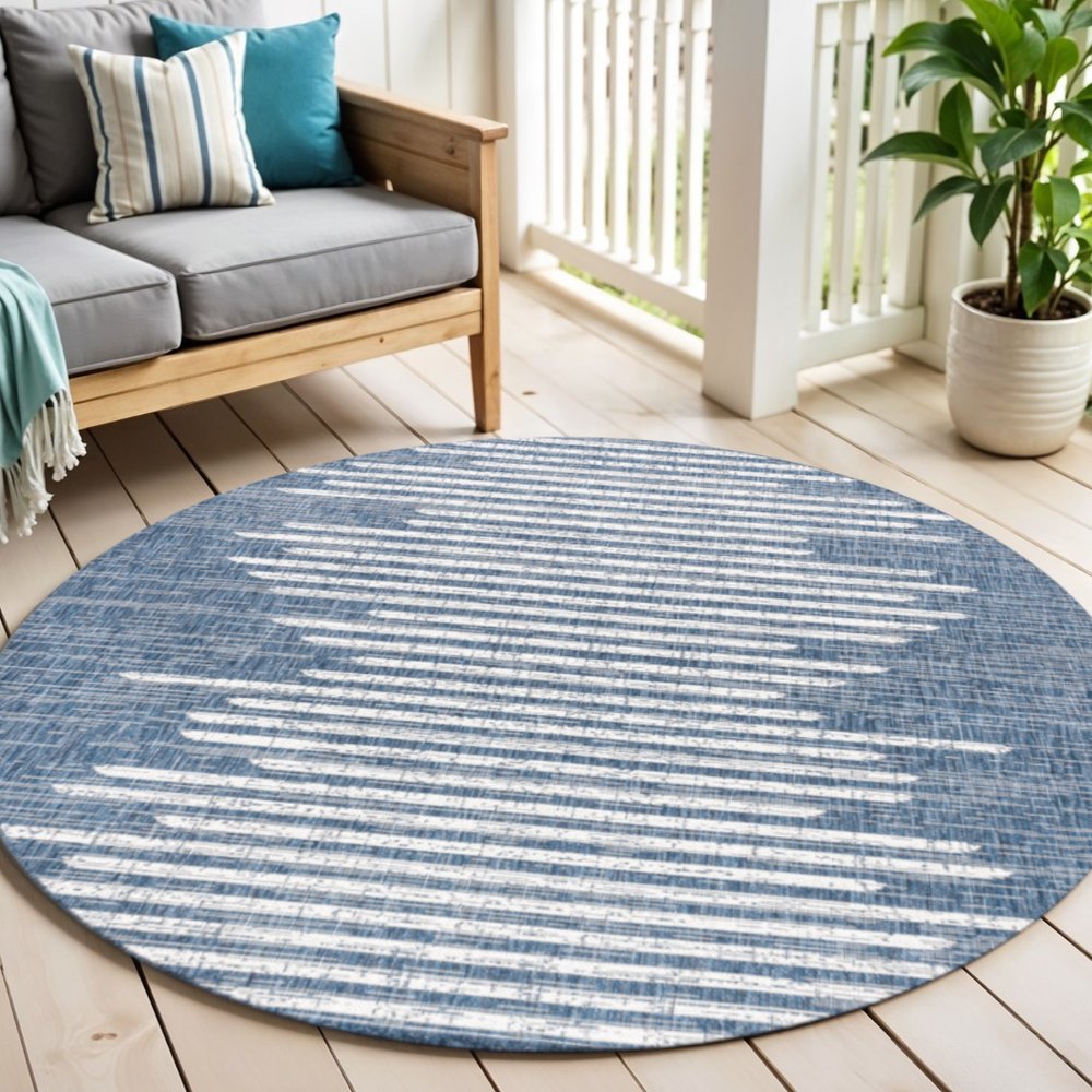 6' Blue And Ivory Round Striped Indoor Outdoor Area Rug — view 9