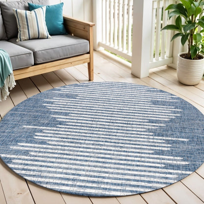 6' Blue And Ivory Round Striped Indoor Outdoor Area Rug HomeRoots