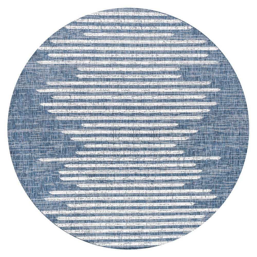 6' Blue And Ivory Round Striped Indoor Outdoor Area Rug — view 1