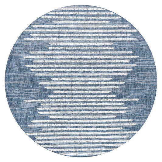 6' Blue And Ivory Round Striped Indoor Outdoor Area Rug