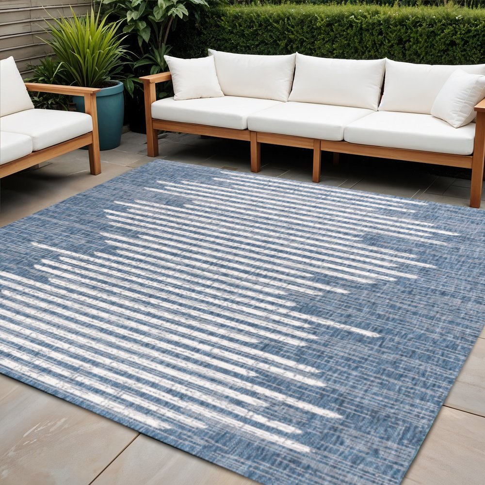 6' Blue And Ivory Square Striped Indoor Outdoor Area Rug HomeRoots