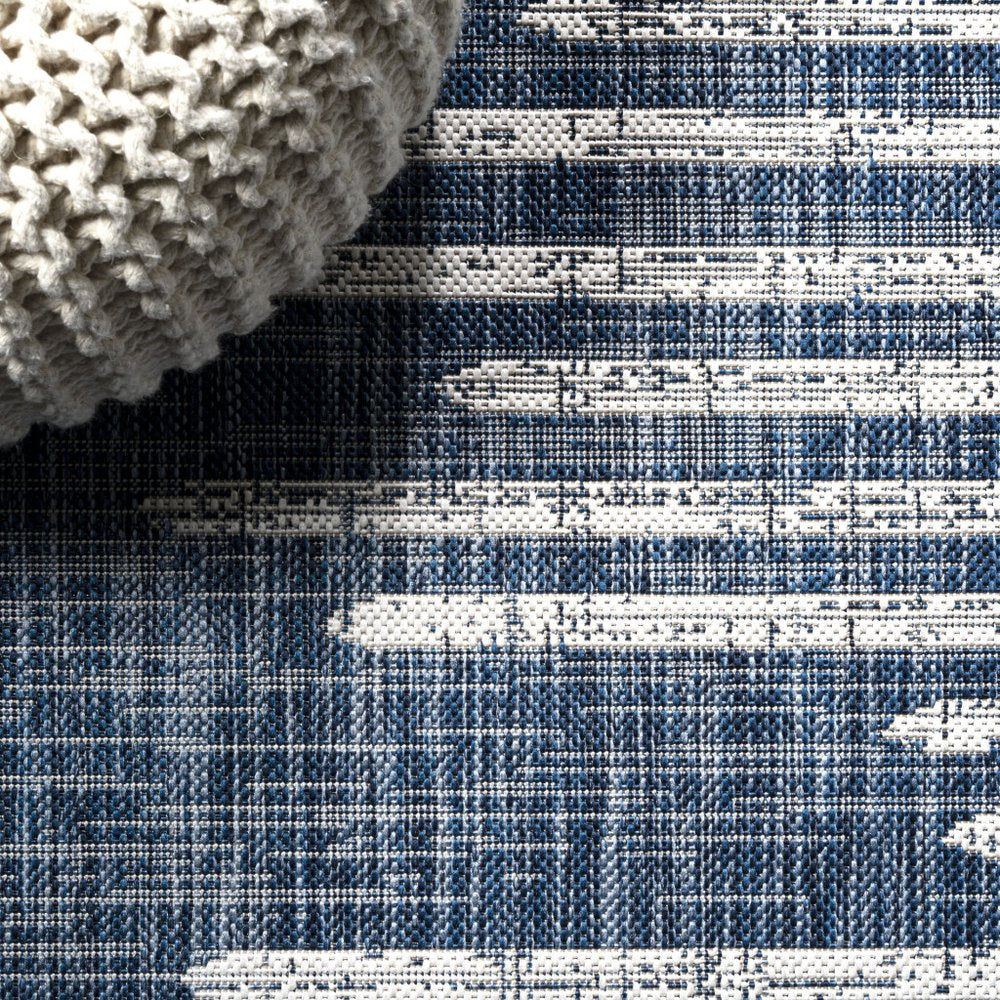 6' Blue And Ivory Square Striped Indoor Outdoor Area Rug — view 5
