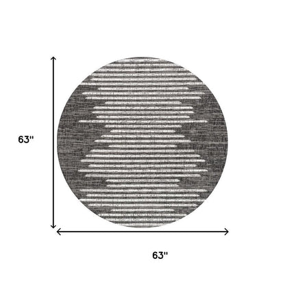 5' Black And Ivory Round Striped Indoor Outdoor Area Rug
