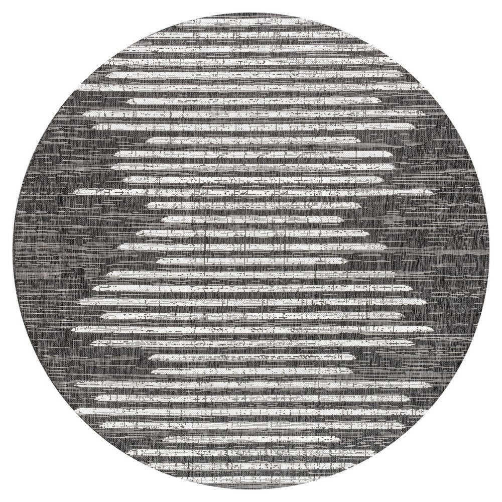 5' Black And Ivory Round Striped Indoor Outdoor Area Rug