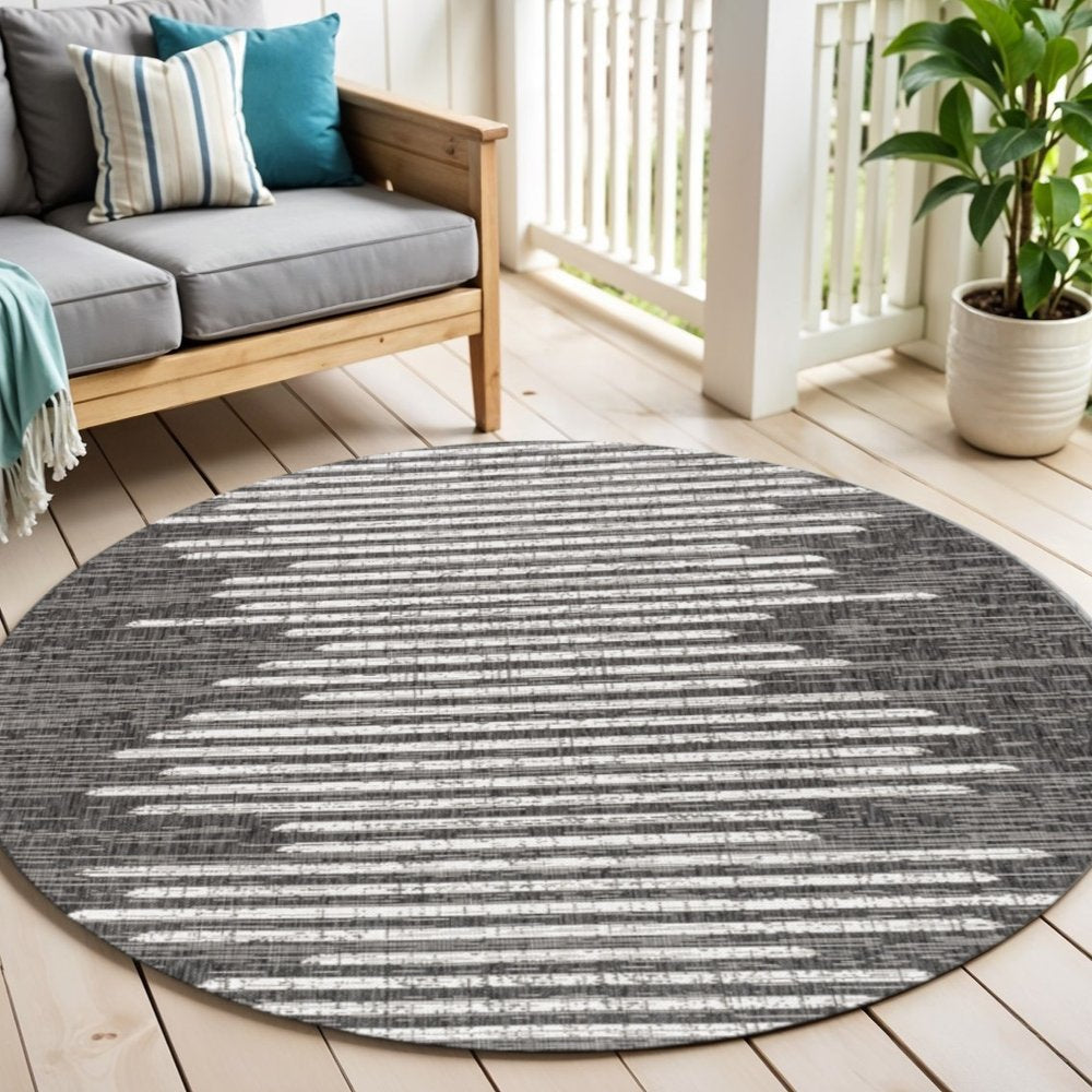 6' Black And Ivory Round Striped Indoor Outdoor Area Rug HomeRoots