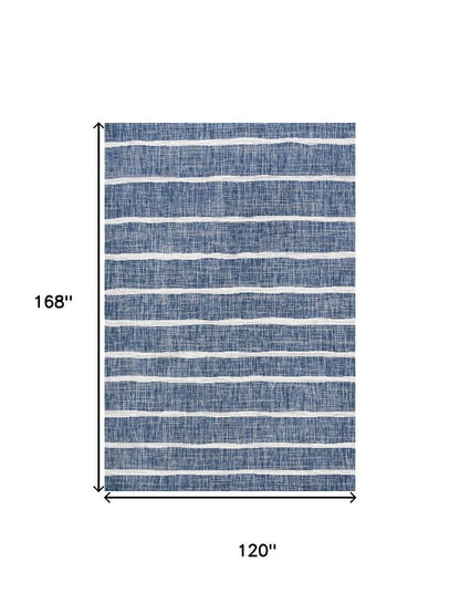 10' X 14' Blue And Ivory Striped Indoor Outdoor Area Rug HomeRoots