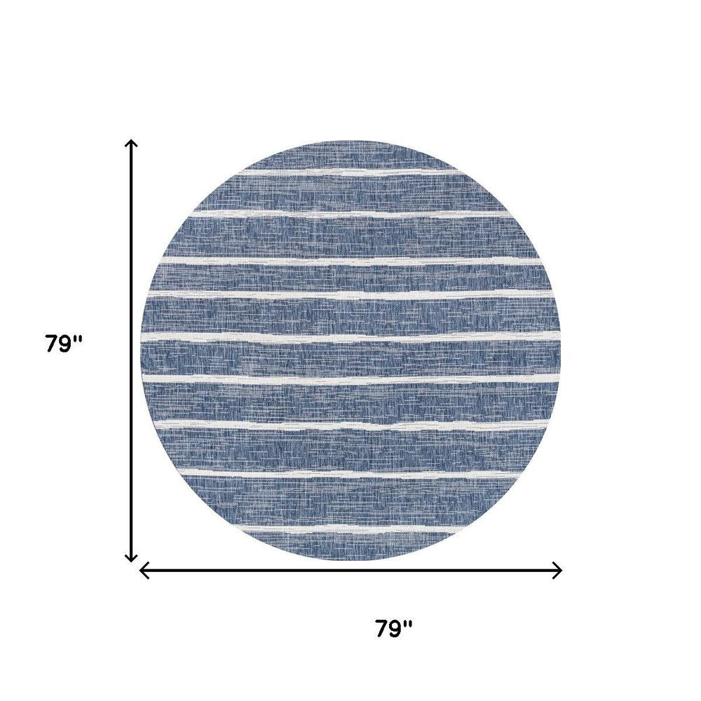6' Blue And Ivory Round Striped Indoor Outdoor Area Rug — view 9