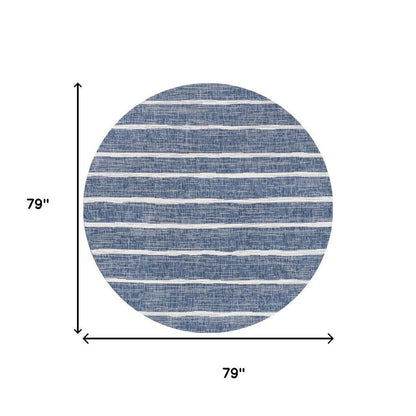 6' Blue And Ivory Round Striped Indoor Outdoor Area Rug HomeRoots
