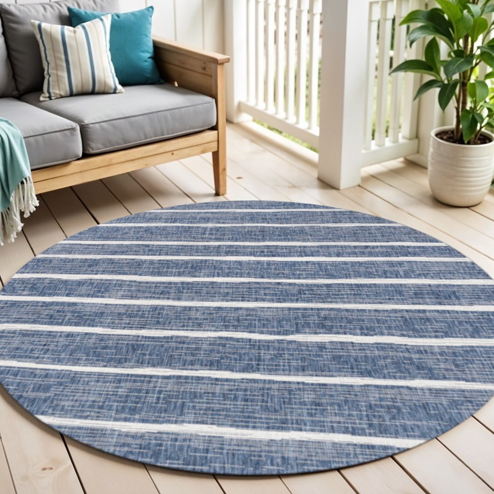 6' Blue And Ivory Round Striped Indoor Outdoor Area Rug HomeRoots