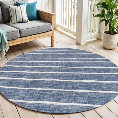 6' Blue And Ivory Round Striped Indoor Outdoor Area Rug HomeRoots