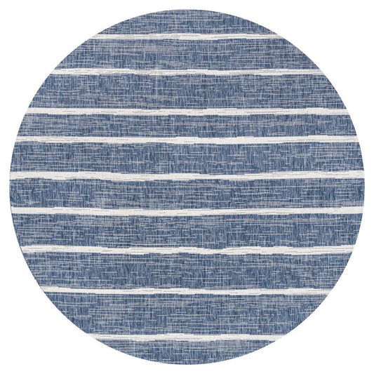 6' Blue And Ivory Round Striped Indoor Outdoor Area Rug