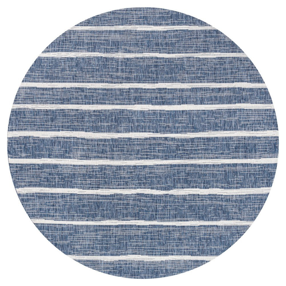 6' Blue And Ivory Round Striped Indoor Outdoor Area Rug — view 1