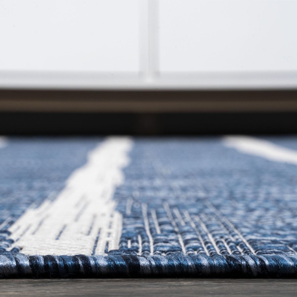 6' Blue And Ivory Round Striped Indoor Outdoor Area Rug HomeRoots