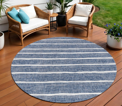 8' Blue And Ivory Round Striped Indoor Outdoor Area Rug HomeRoots