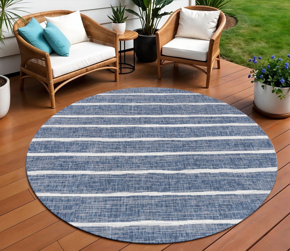 8' Blue And Ivory Round Striped Indoor Outdoor Area Rug — view 10