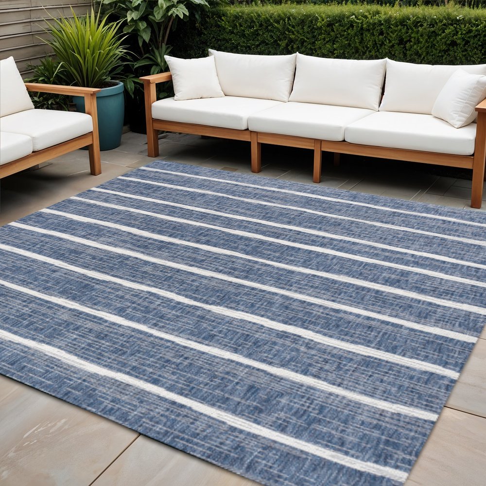 8' Blue And Ivory Square Striped Indoor Outdoor Area Rug — view 8