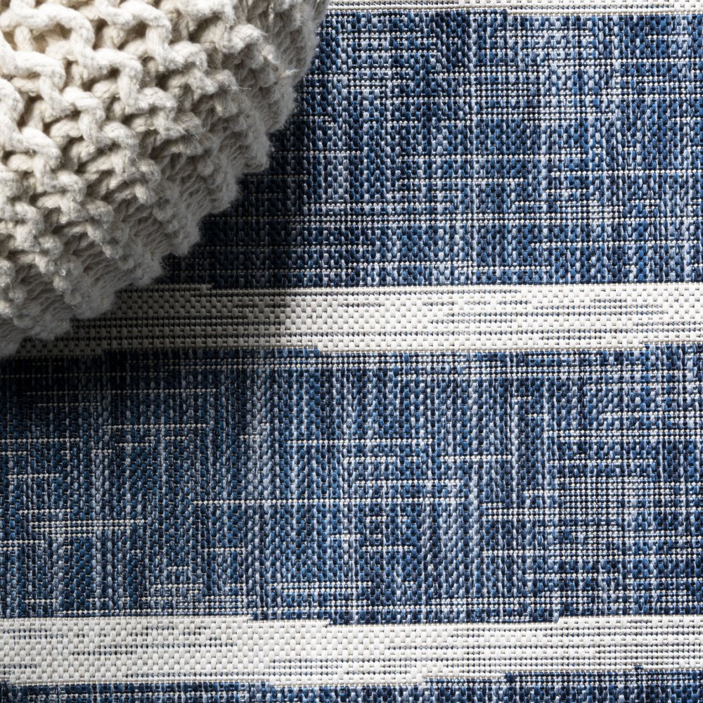 9' Blue And Ivory Square Striped Indoor Outdoor Area Rug HomeRoots