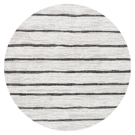 5' Ivory And Black Round Striped Indoor Outdoor Area Rug