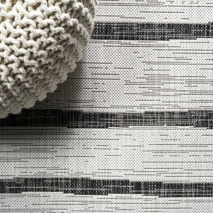 5' Ivory And Black Round Striped Indoor Outdoor Area Rug HomeRoots