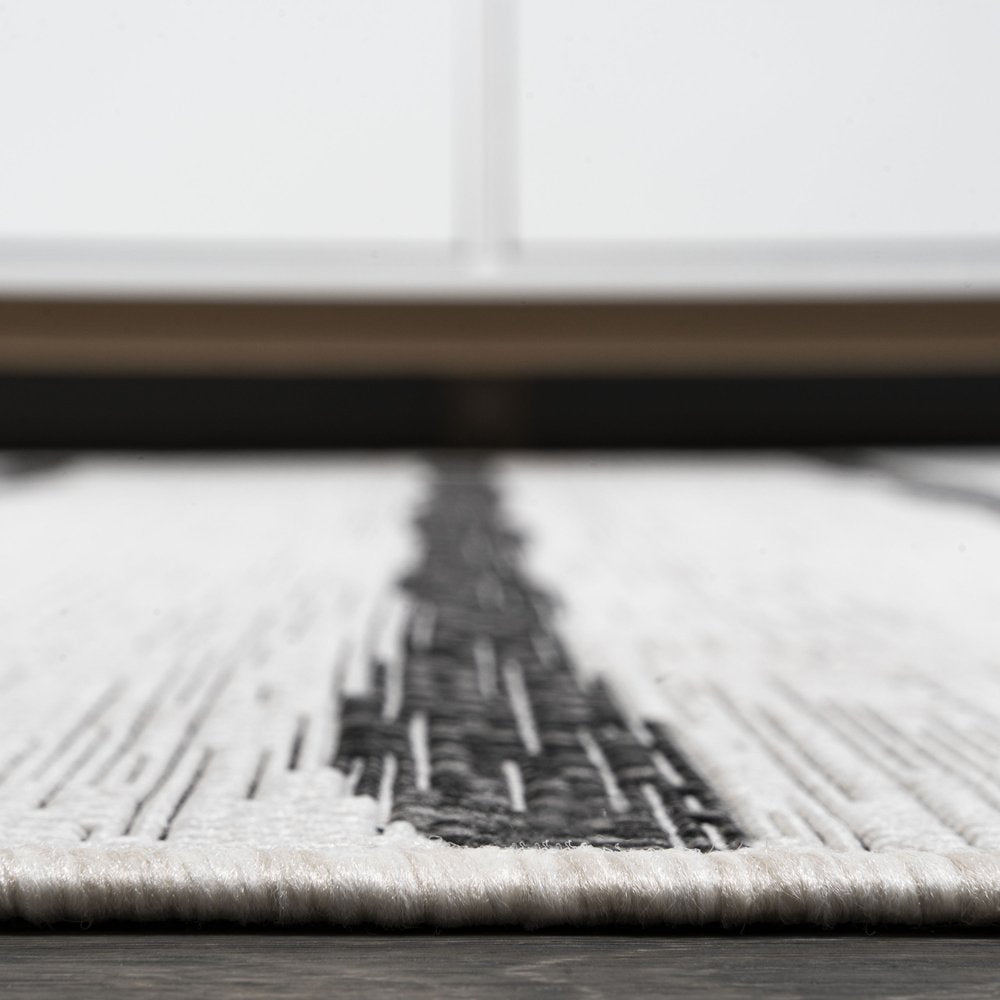 5' Ivory And Black Square Striped Indoor Outdoor Area Rug — view 4