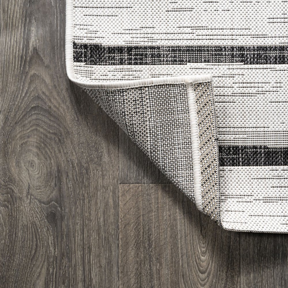 8' Ivory And Black Square Striped Indoor Outdoor Area Rug — view 2