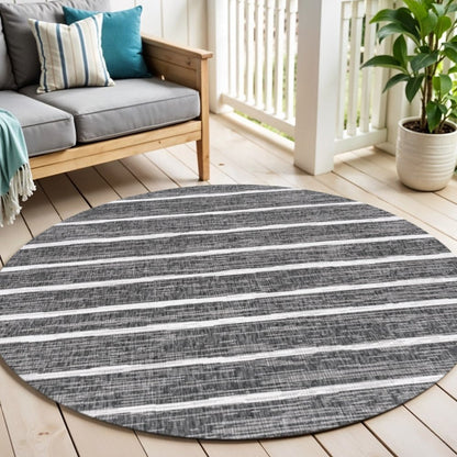 5' Black And Ivory Round Striped Indoor Outdoor Area Rug HomeRoots