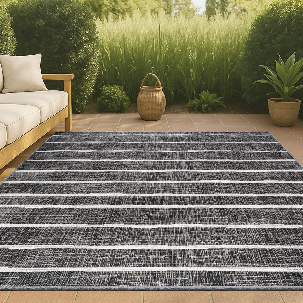 6' X 9' Black And Ivory Striped Indoor Outdoor Area Rug HomeRoots