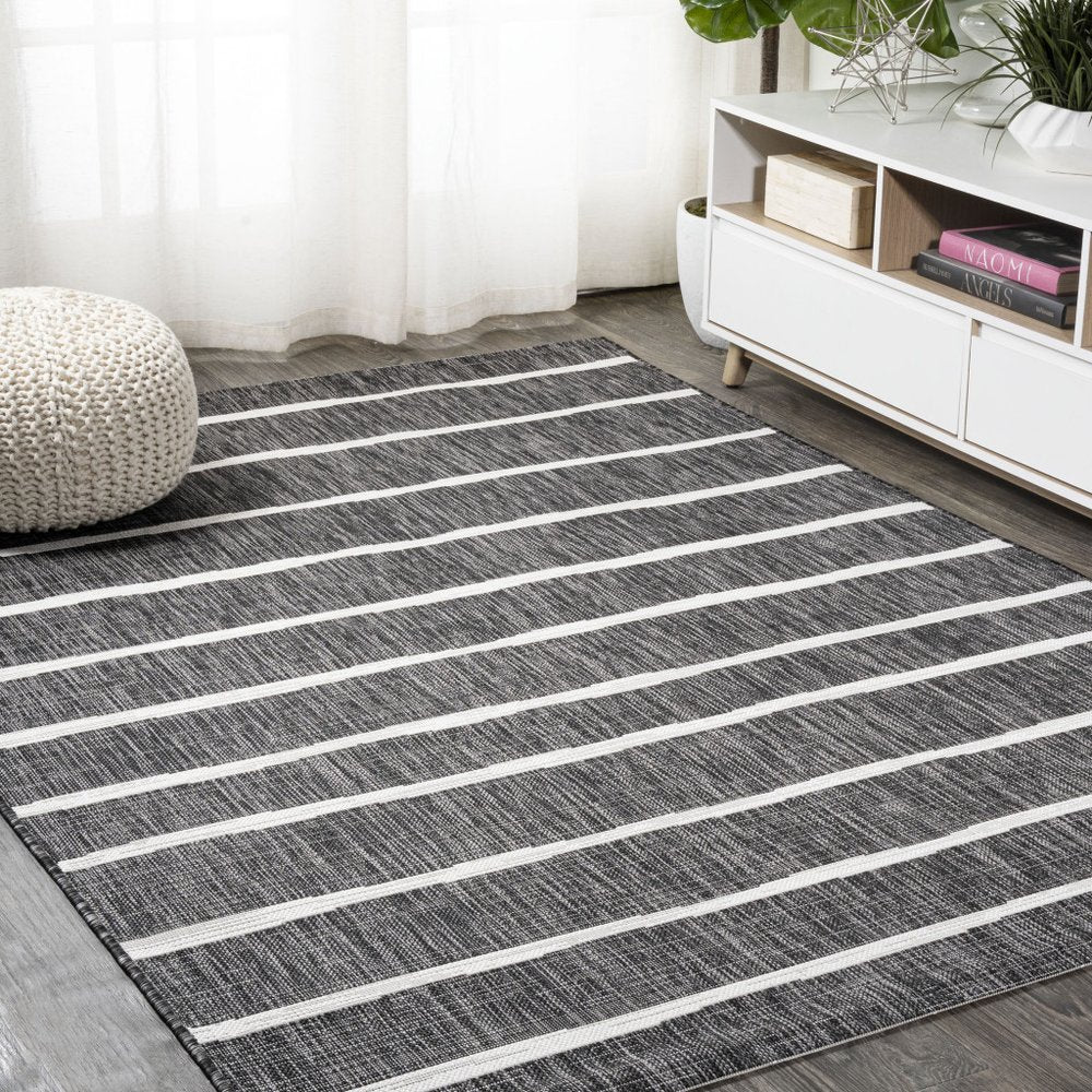 6' X 9' Black And Ivory Striped Indoor Outdoor Area Rug HomeRoots