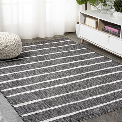 6' X 9' Black And Ivory Striped Indoor Outdoor Area Rug HomeRoots
