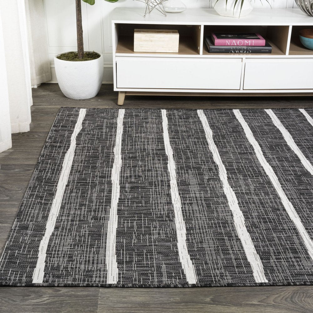 6' X 9' Black And Ivory Striped Indoor Outdoor Area Rug — view 5