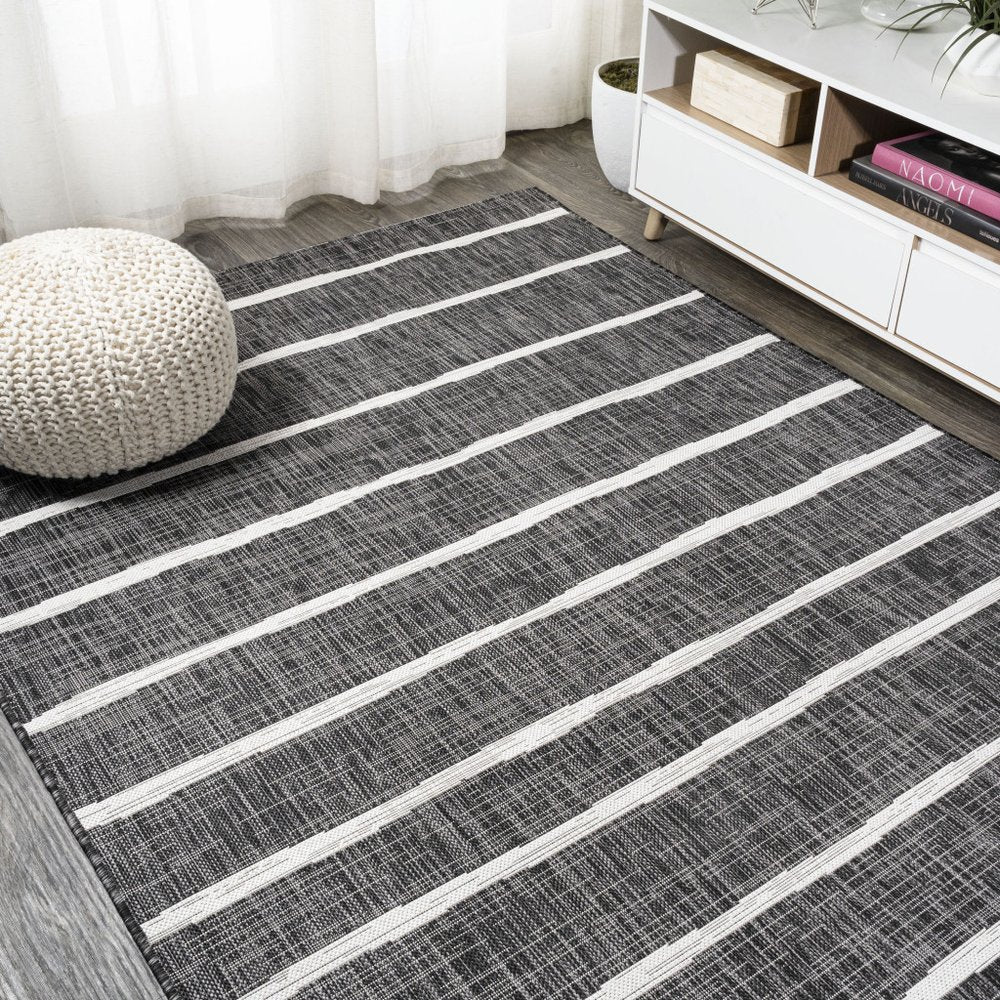 6' X 9' Black And Ivory Striped Indoor Outdoor Area Rug HomeRoots