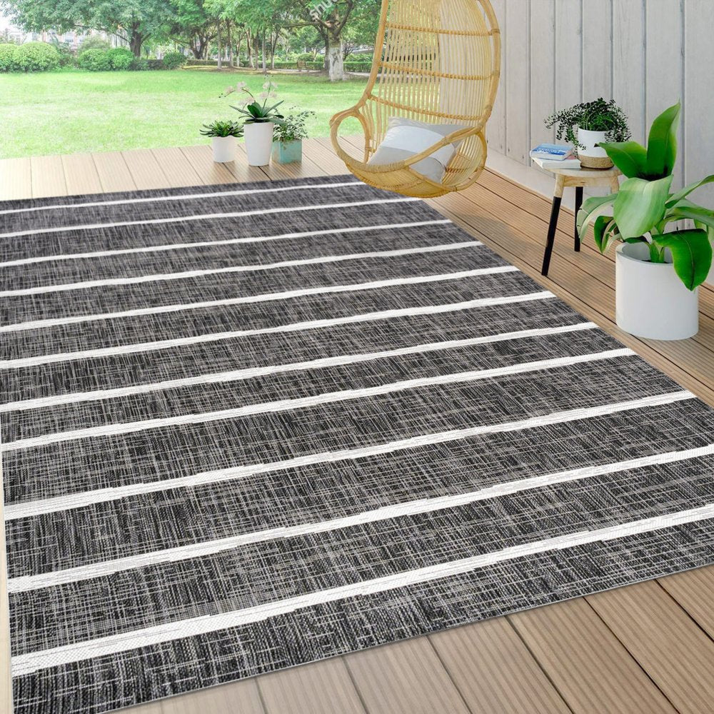 6' X 9' Black And Ivory Striped Indoor Outdoor Area Rug — view 7