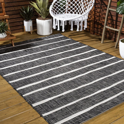 6' X 9' Black And Ivory Striped Indoor Outdoor Area Rug HomeRoots