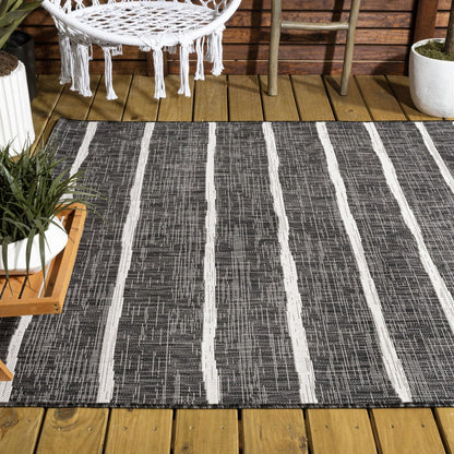 6' X 9' Black And Ivory Striped Indoor Outdoor Area Rug HomeRoots