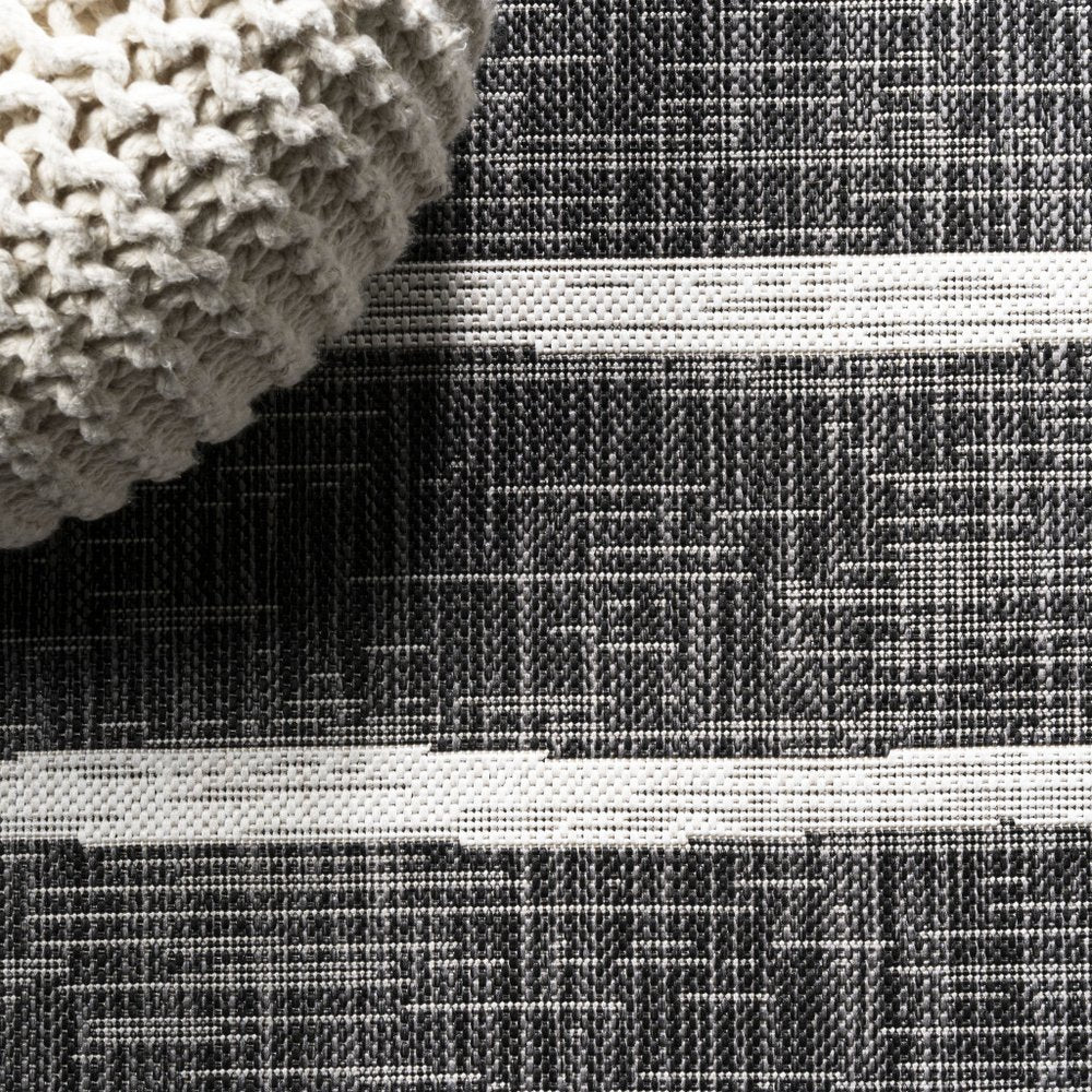 8' Black And Ivory Round Striped Indoor Outdoor Area Rug HomeRoots